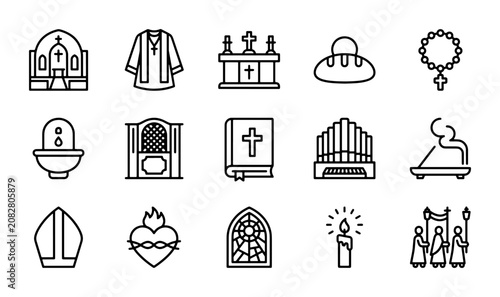 Schilderij op canvas Christianity Icons Set: Religious Symbols, Church Elements, Worship Objects Vect