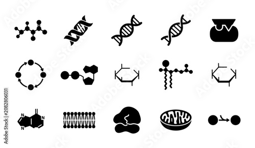 Schilderij op canvas Biochemistry Icons: DNA, Mitochondria, Molecules, Cell Structures, Science Graph