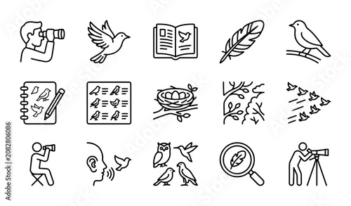 Bild auf Leinwand Bird Watching Icons Set: Ornithology, Nature Observation, Feather, Nest, Flight