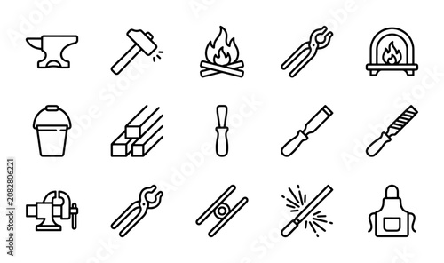 Fotografie Blacksmithing Tools Vector Icons Set: Forge, Anvil, Hammer, Pliers, Metalworking