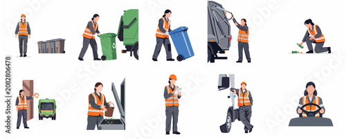 Bild auf Leinwand Female sanitation workers set of flat vector illustrations