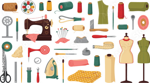 Konstfotografi Vintage Sewing and Dressmaking Tailor Vector Icon Set with Classic Sewing Machin