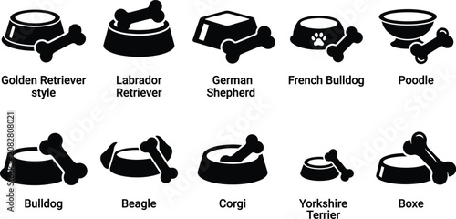 Fotografie Various dog breeds with food bowls and bones, vector illustrations