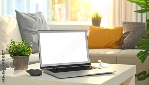 Modern laptop open on coffee table with cozy living room background