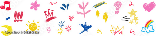 Konstfotografi Kids Crayon Doodles Vector Isolated Set, Colorful Wax Pastel Drawings Pack For N