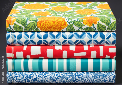 Stack of colorful patterned fabric textiles