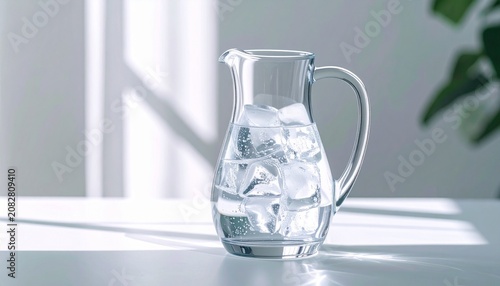 Minimal Glass Pitcher with Fresh Ice Water in Soft Sunlight