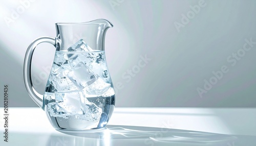 Glass Pitcher Filled with Ice Water on Minimal White Table