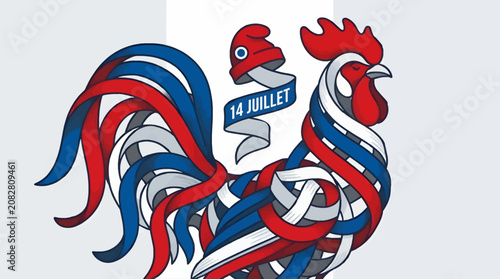 Photos Flat Vector Illustration of a Rooster Made of Interwoven Red, White, and Blue Ri