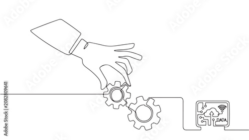 Continuous line art of hand turning gears for digital transformation, industrial automation concept vector, cloud computing and data integration