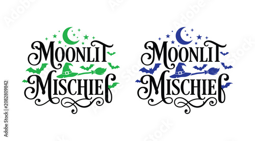Schilderij op canvas Halloween typography moonlit mischief with witch hat and crescent moon graphic d