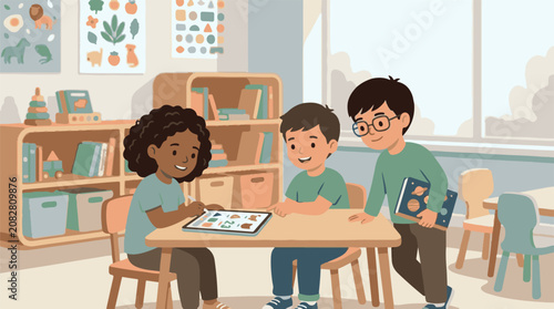 Children interact around a tablet in a bright classroom
