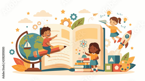 Children launch imagination from open book with rocket globe and art supplies