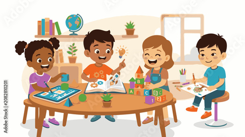 Children learn and play together around a table indoors