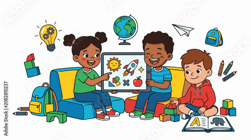 Children learn and play with digital tablet and educational toys