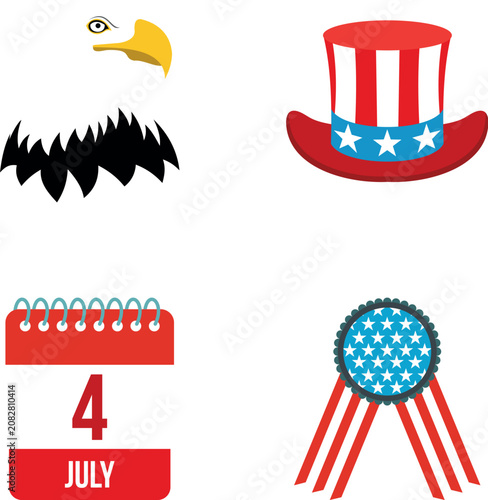 Icons representing usa independence day with bald eagle, uncle sam hat, calendar, and ribbon