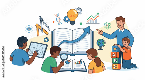Children learn various subjects with a teacher illustrating growth