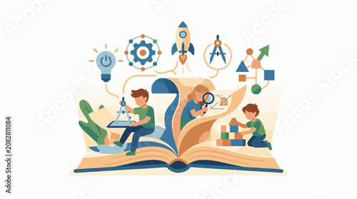Children exploring science engineering and creative building from a book