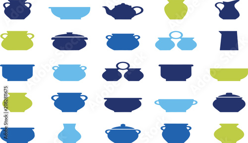 Quadro su tela Art & ICeramic Pottery and Clay Pot Vector Silhouette Icon Set with Traditional