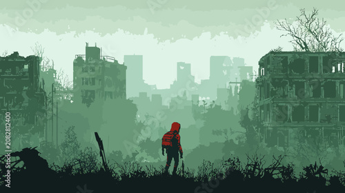 A lone person with a backpack stands amid ruined buildings and barren trees in a desolate urban wasteland