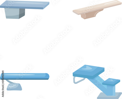 Four cartoon style illustrations featuring different types of diving boards and swimming pool starting blocks