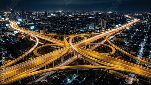 Aerial night view of glowing city highway interchange.