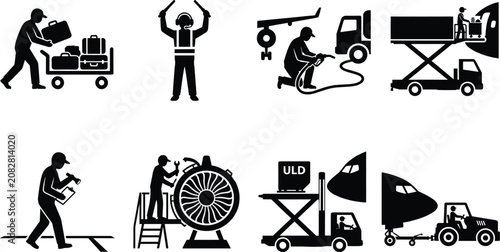 Foto Airport Ground Handling and Aircraft Service Silhouette Bundle Featuring Cargo L