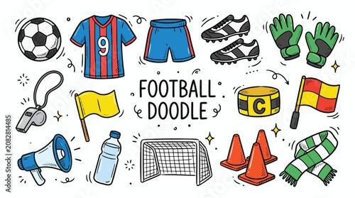Vector illustration of football doodle set with soccer ball, jersey, cleats, goal, whistle, and accessories