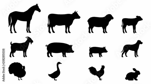 Black silhouette collection of farm animals and birds.