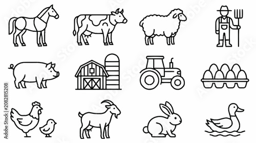 Bild auf Leinwand Farm animals and agricultural icons line art illustration.