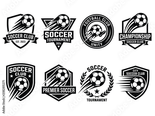 Vector illustration of soccer club logos and tournament emblems with ball and banners in black and white style