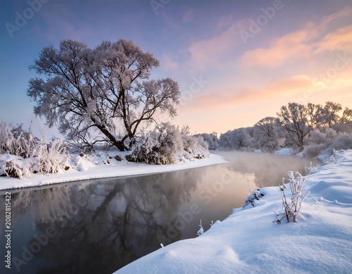Snow covered landscape with river and frosty trees at sunrise