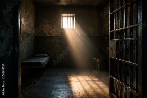 Obraz na plátně Empty prison cell with door open, a beam of sunlight illuminating the dark interior