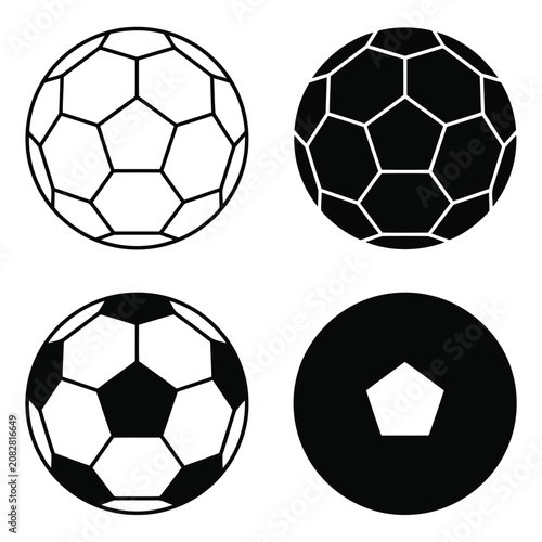 Vector illustration of black and white soccer ball designs with geometric patterns and hexagon shapes