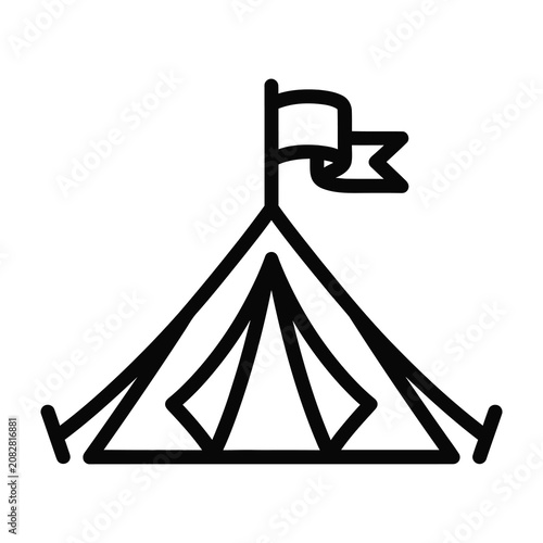 Simple black line drawing of a tent with a flag on top outdoors camping symbol