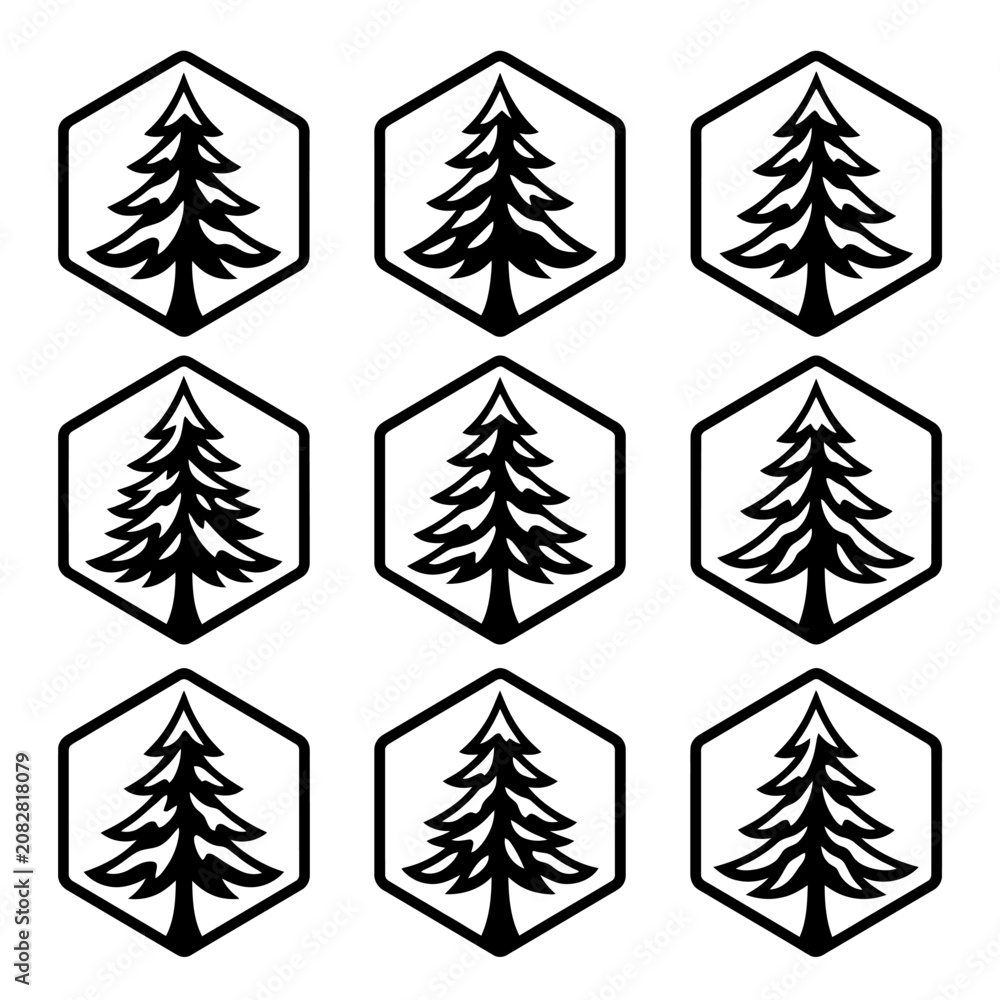 Obraz premium Black pine tree hexagon icons set.