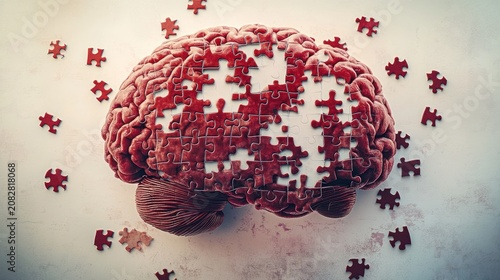 Red brain puzzle with missing pieces on textured background