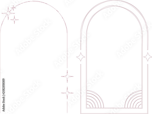 Red line art arches with stars on transparent background for graphic design