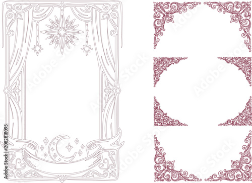 Ornate frames with floral patterns and celestial designs on white background
