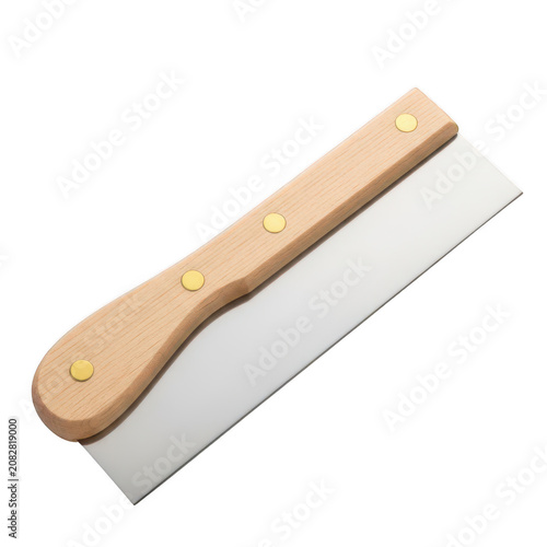A sharp metal dough cutter with a light brown wooden handle tool