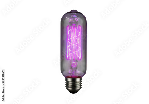 A vintage style long light bulb with a glowing purple filament