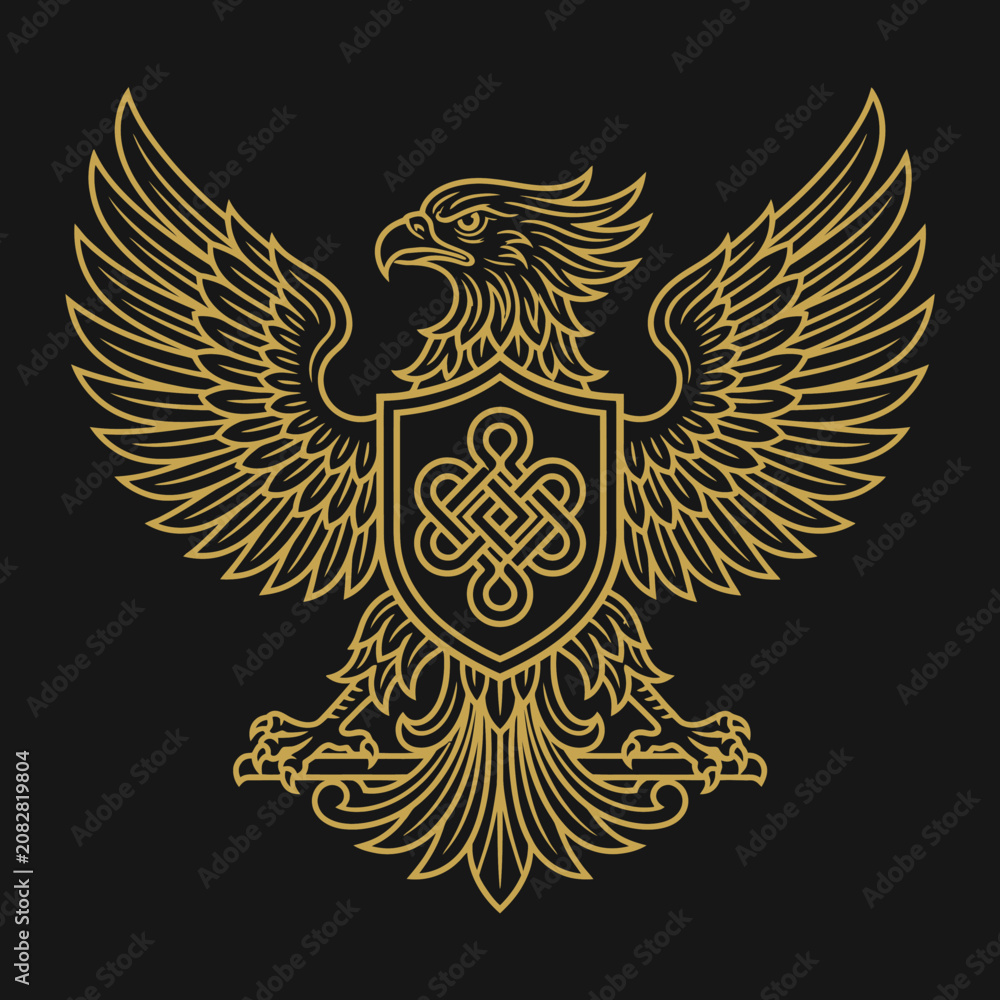 Fototapeta premium Golden heraldic eagle crest on black background.