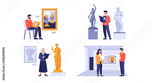 Foto Museum visitors observing art paintings and sculptures.