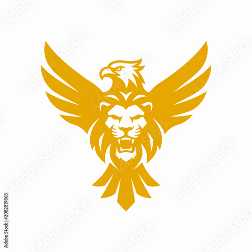 Fotografie Golden lion and eagle hybrid chimera logo design.