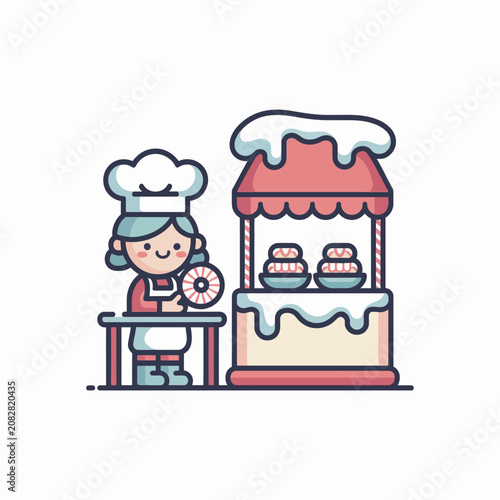 Cartoon chef making donuts outdoors.