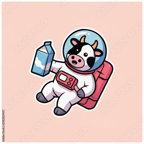 Cartoon cow in space suit holding carton.