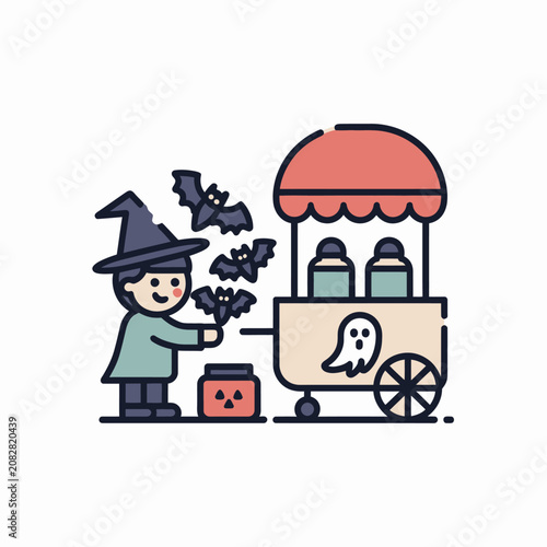 Cartoon witch selling spooky treats.