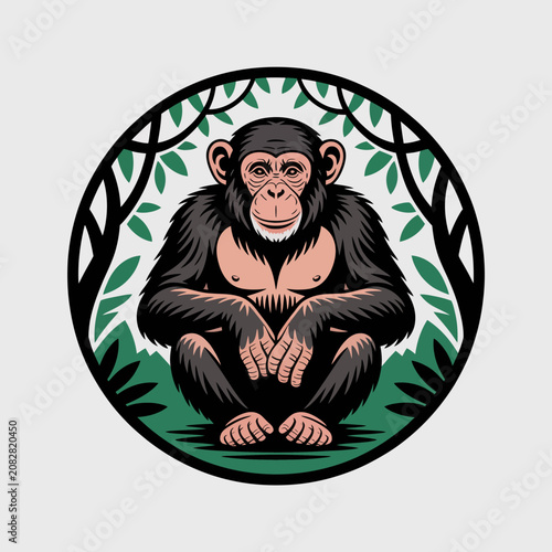 Chimpanzee Sitting in Tree Circle Logo.