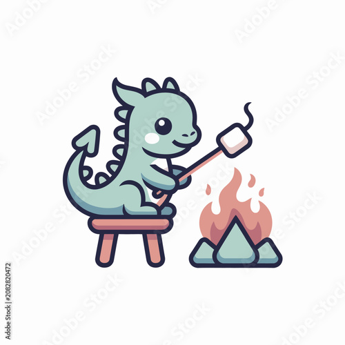 Cute baby dragon roasting marshmallow over campfire.