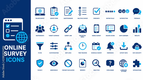 Online Survey Icon Set Showing Digital Forms And Analytics.